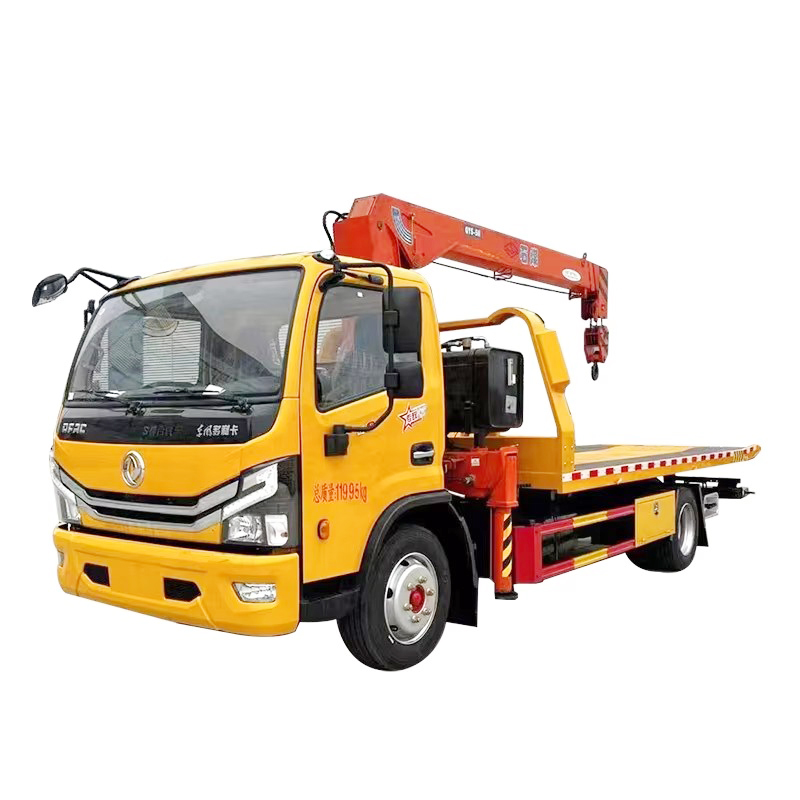 Dongfeng Rollback Tow Truck Dipasang Dengan 5 Ton Boom Crane Flatbed Wrecker Truck Untuk Penyelamata