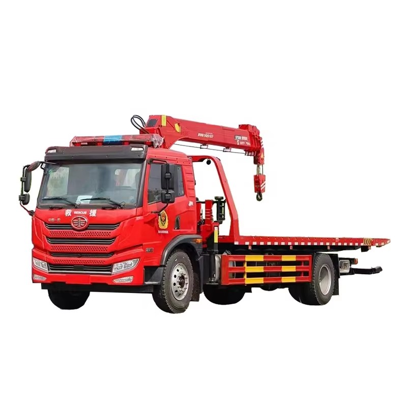 Faw Flatbed Truck Mounted Crane Rollback Wrecker Truck Dengan 8Ton Crane Untuk Penyelamatan Kecemasa